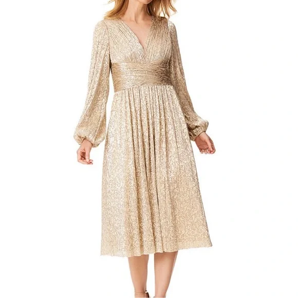 Aidan Mattox | Dresses | Aidan Mattox Dress Gold Vneck Long Blouson Sleeve  Tea Length Aline Sz 2 Nwt | Poshmark